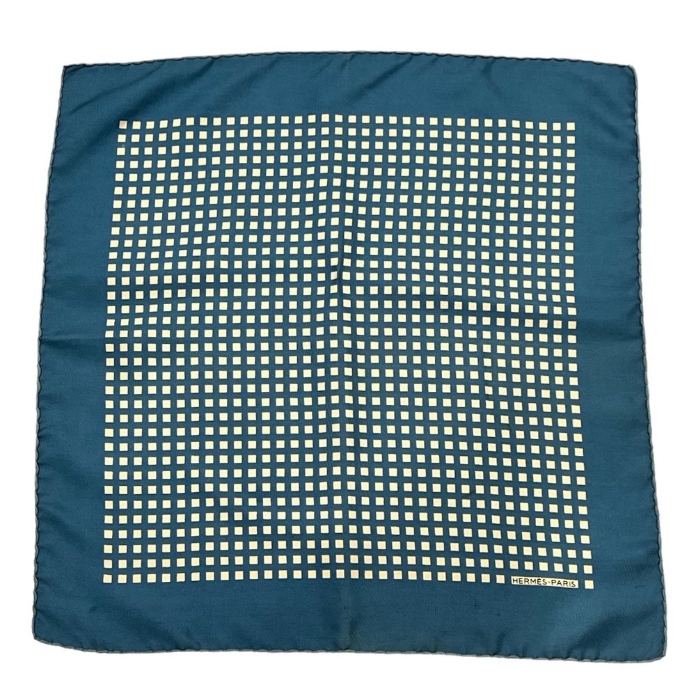VINTAGE HERMES BLUE AND CREAM SILK POCKET SQUARE